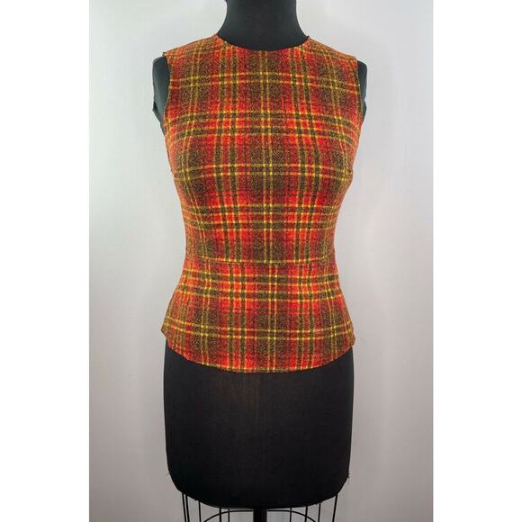 ZARA Orange Red Brown Fall Plaid Check Peplum Sleeveless Top Shirt S Small - Picture 1 of 8